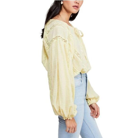 Free People $128 Maria Maria Yellow Embroidered Peasant Boho Blouse Top Small - Picture 5 of 8